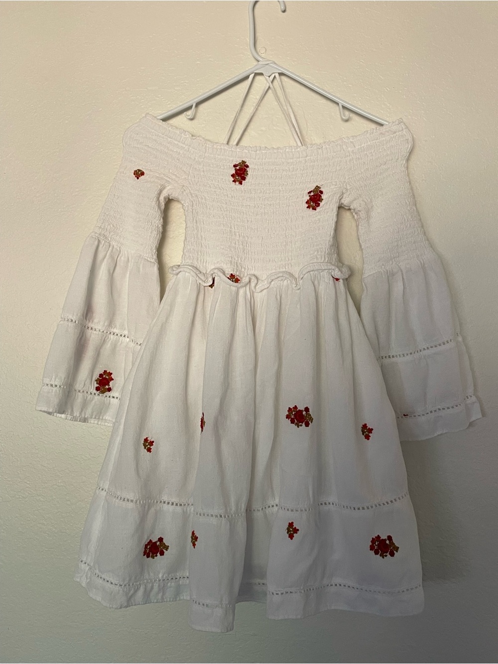 Floral bell sleeve off shoulder smocked dress